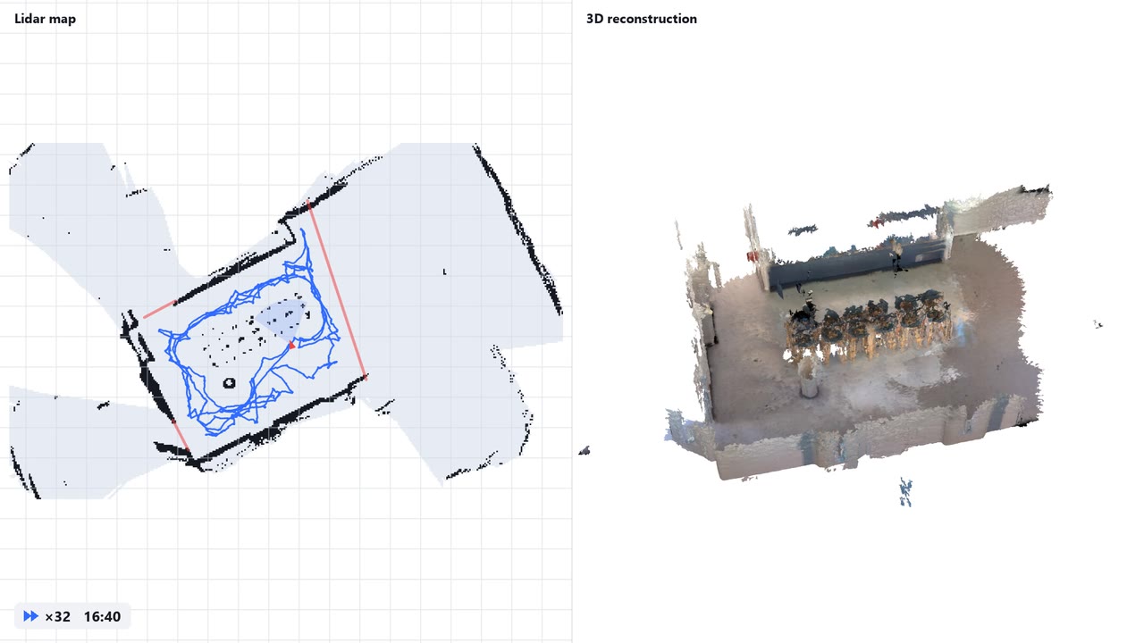 Lidar map with the path driven, next to the 3D reconstruction