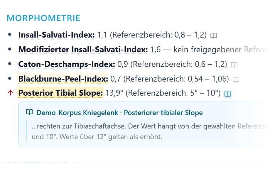 The report with the measured values. Below the tibial slope, the guideline passage its reference range comes from